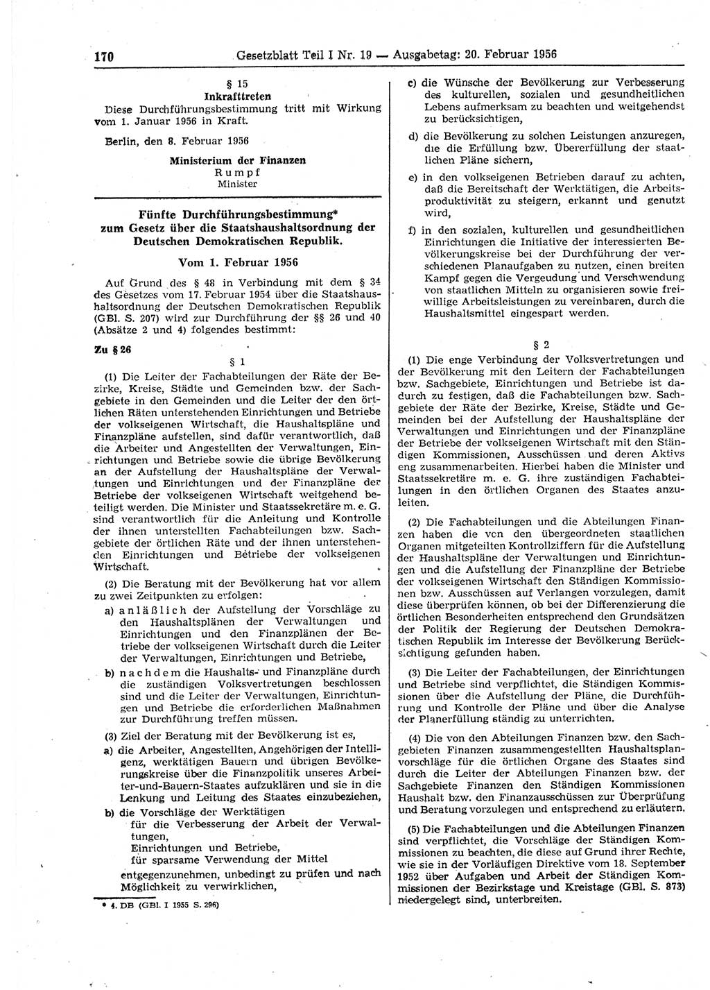 Gesetzblatt (GBl.) der Deutschen Demokratischen Republik (DDR) Teil Ⅰ 1956, Seite 170 (GBl. DDR Ⅰ 1956, S. 170)