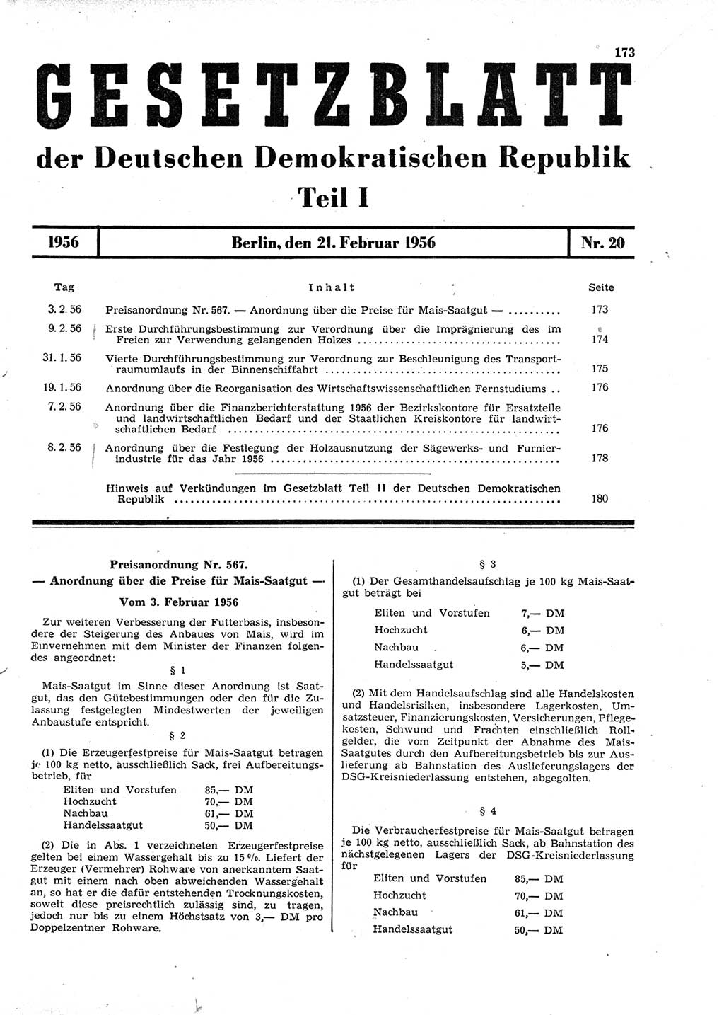 Gesetzblatt (GBl.) der Deutschen Demokratischen Republik (DDR) Teil Ⅰ 1956, Seite 173 (GBl. DDR Ⅰ 1956, S. 173)
