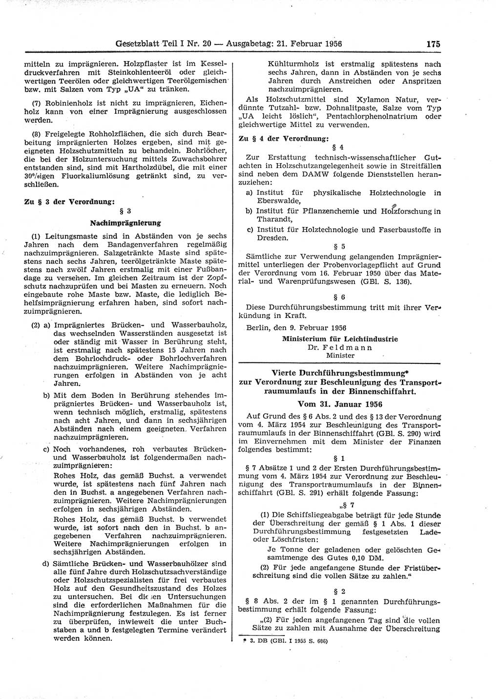 Gesetzblatt (GBl.) der Deutschen Demokratischen Republik (DDR) Teil Ⅰ 1956, Seite 175 (GBl. DDR Ⅰ 1956, S. 175)