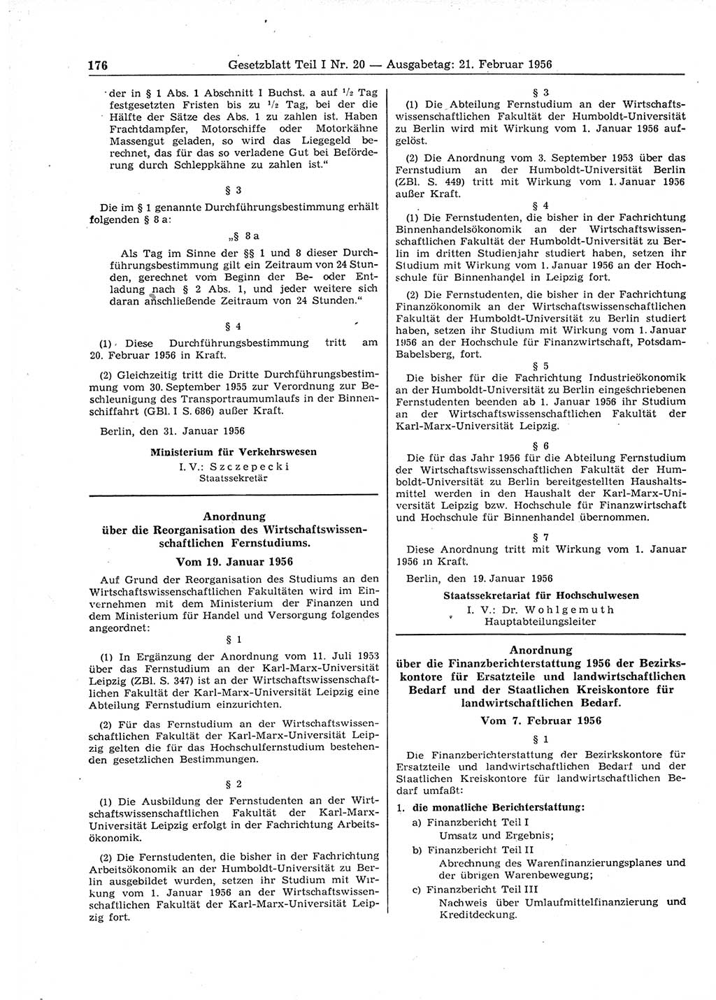 Gesetzblatt (GBl.) der Deutschen Demokratischen Republik (DDR) Teil Ⅰ 1956, Seite 176 (GBl. DDR Ⅰ 1956, S. 176)