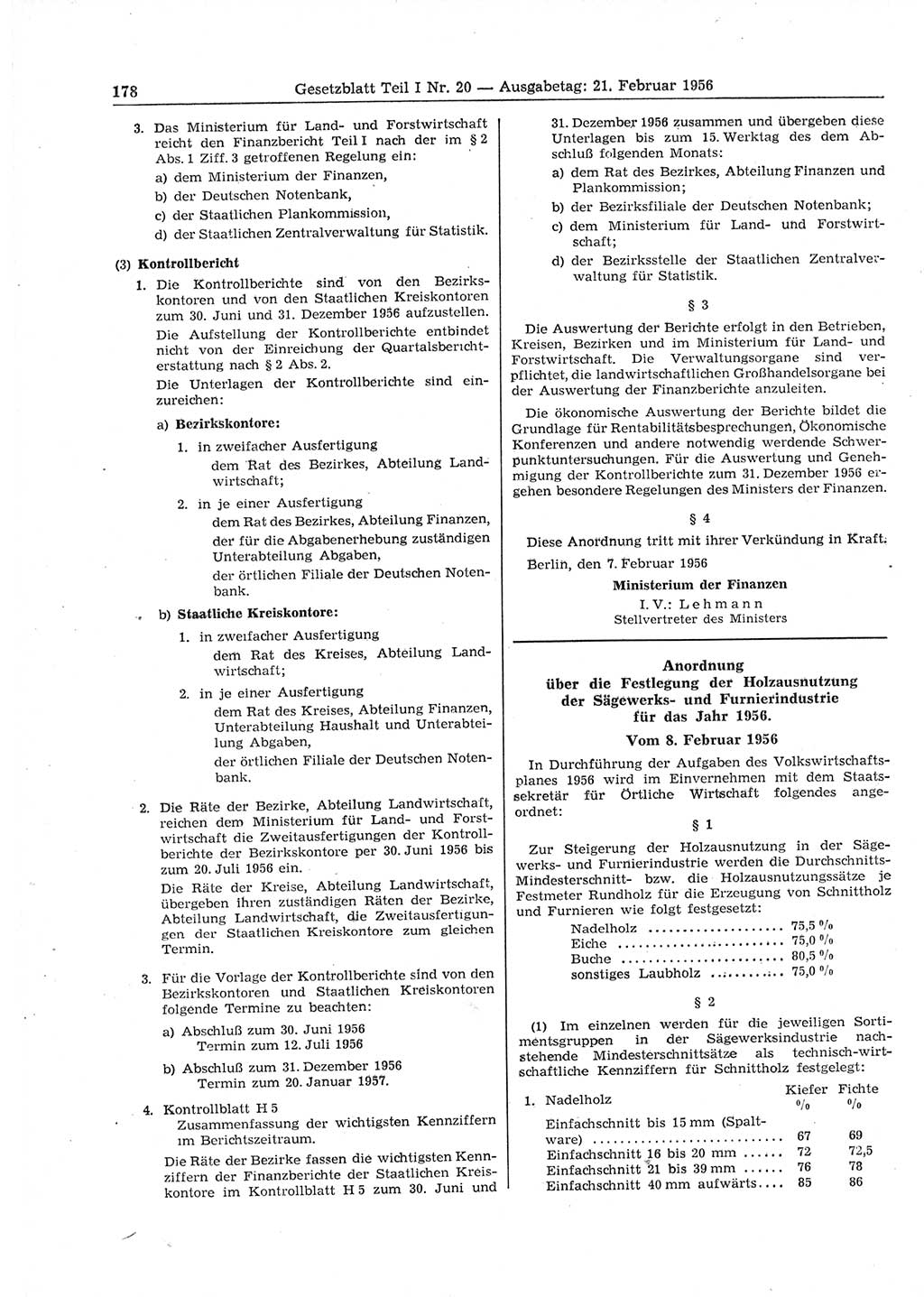 Gesetzblatt (GBl.) der Deutschen Demokratischen Republik (DDR) Teil Ⅰ 1956, Seite 178 (GBl. DDR Ⅰ 1956, S. 178)