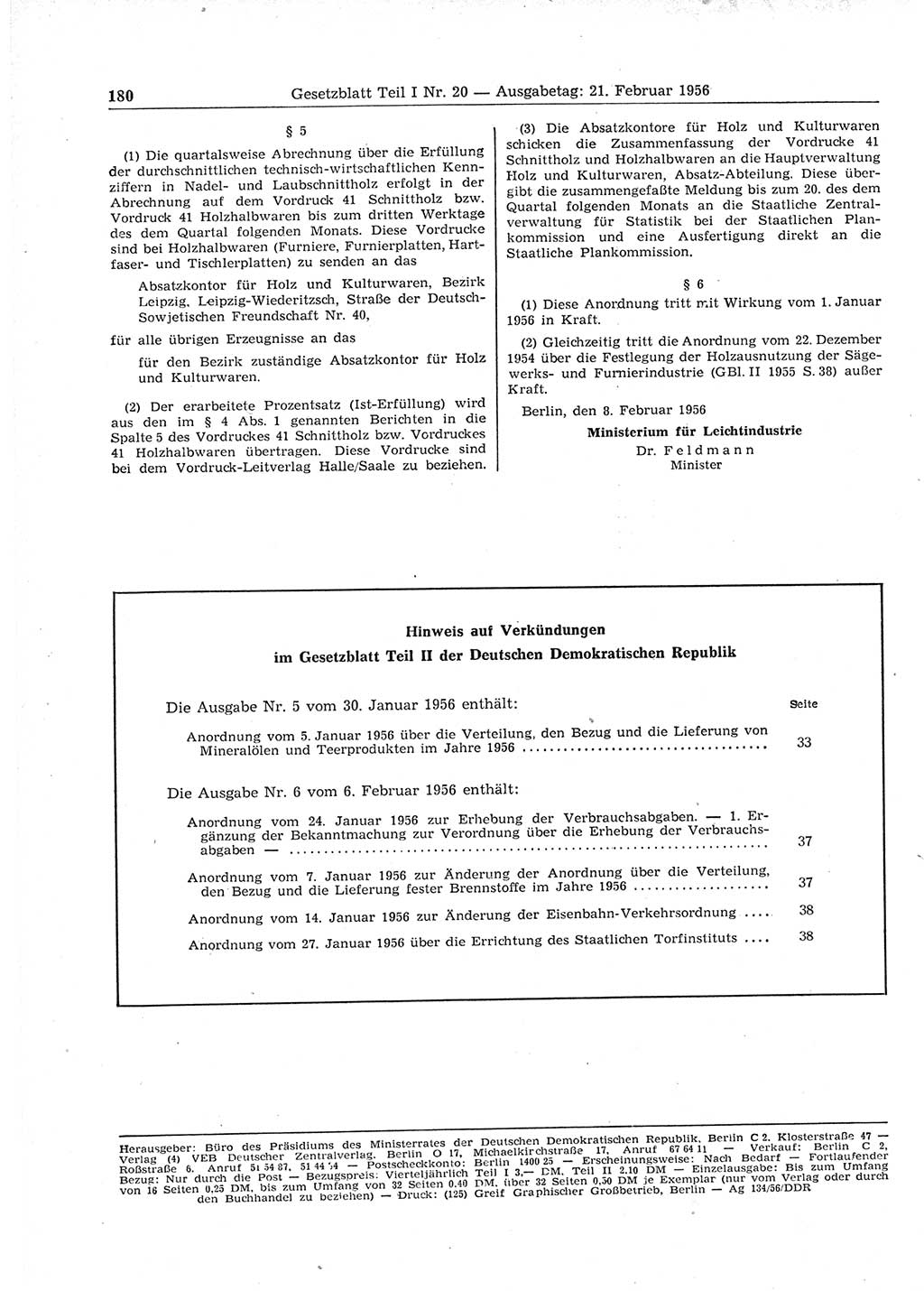 Gesetzblatt (GBl.) der Deutschen Demokratischen Republik (DDR) Teil Ⅰ 1956, Seite 180 (GBl. DDR Ⅰ 1956, S. 180)