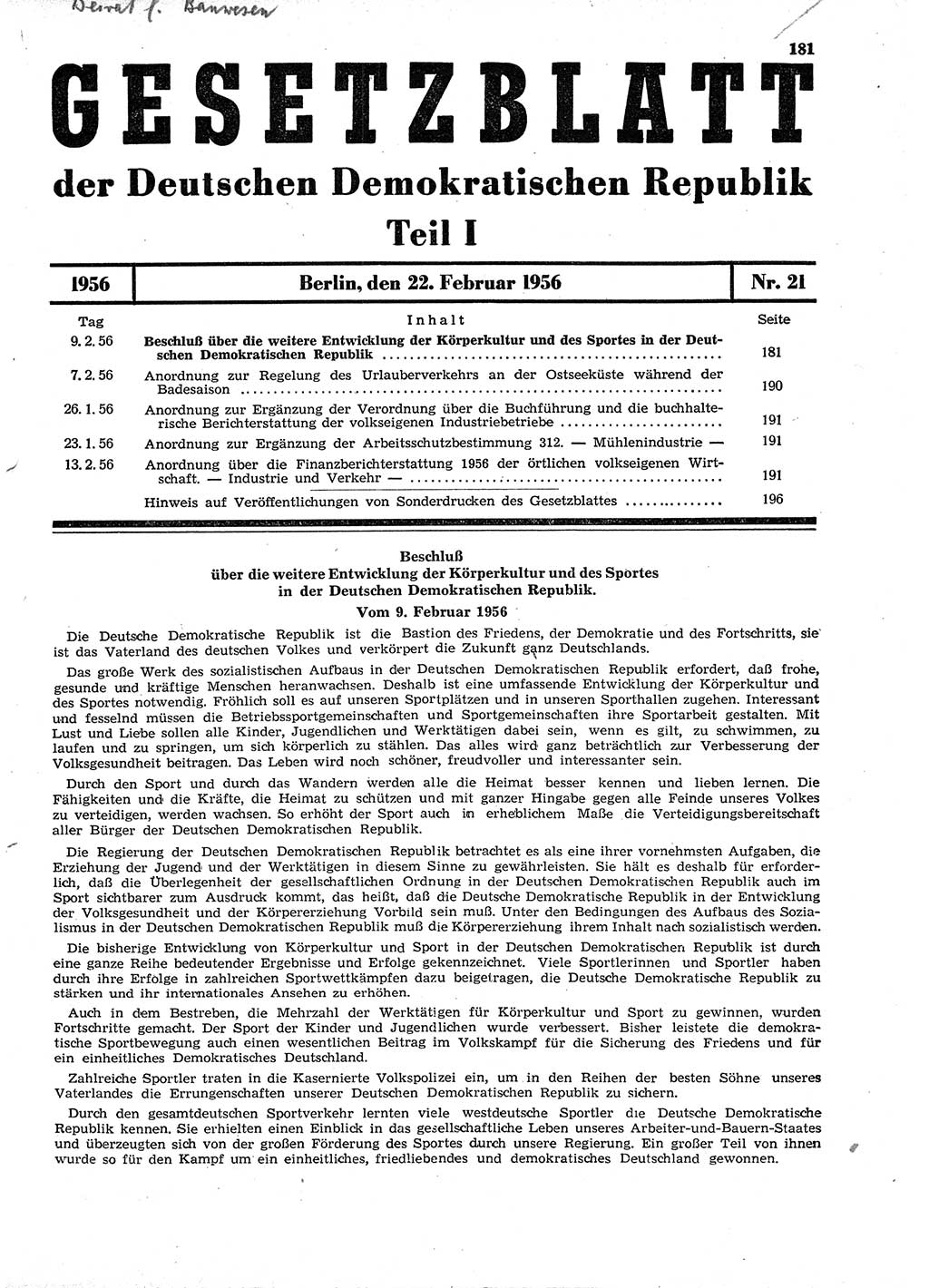 Gesetzblatt (GBl.) der Deutschen Demokratischen Republik (DDR) Teil Ⅰ 1956, Seite 181 (GBl. DDR Ⅰ 1956, S. 181)