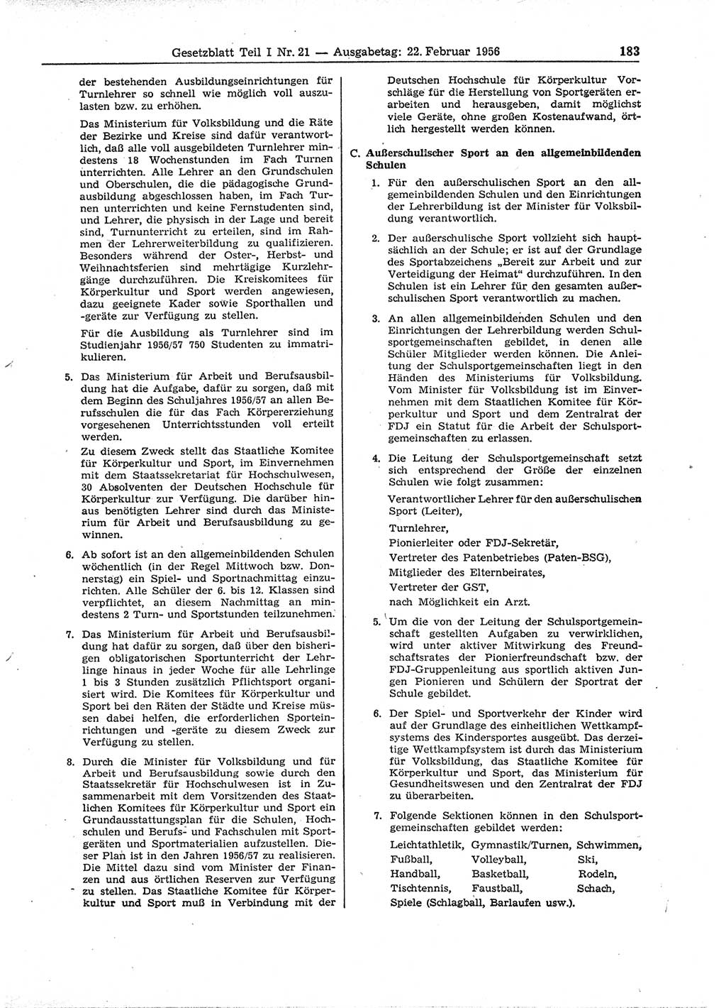 Gesetzblatt (GBl.) der Deutschen Demokratischen Republik (DDR) Teil Ⅰ 1956, Seite 183 (GBl. DDR Ⅰ 1956, S. 183)