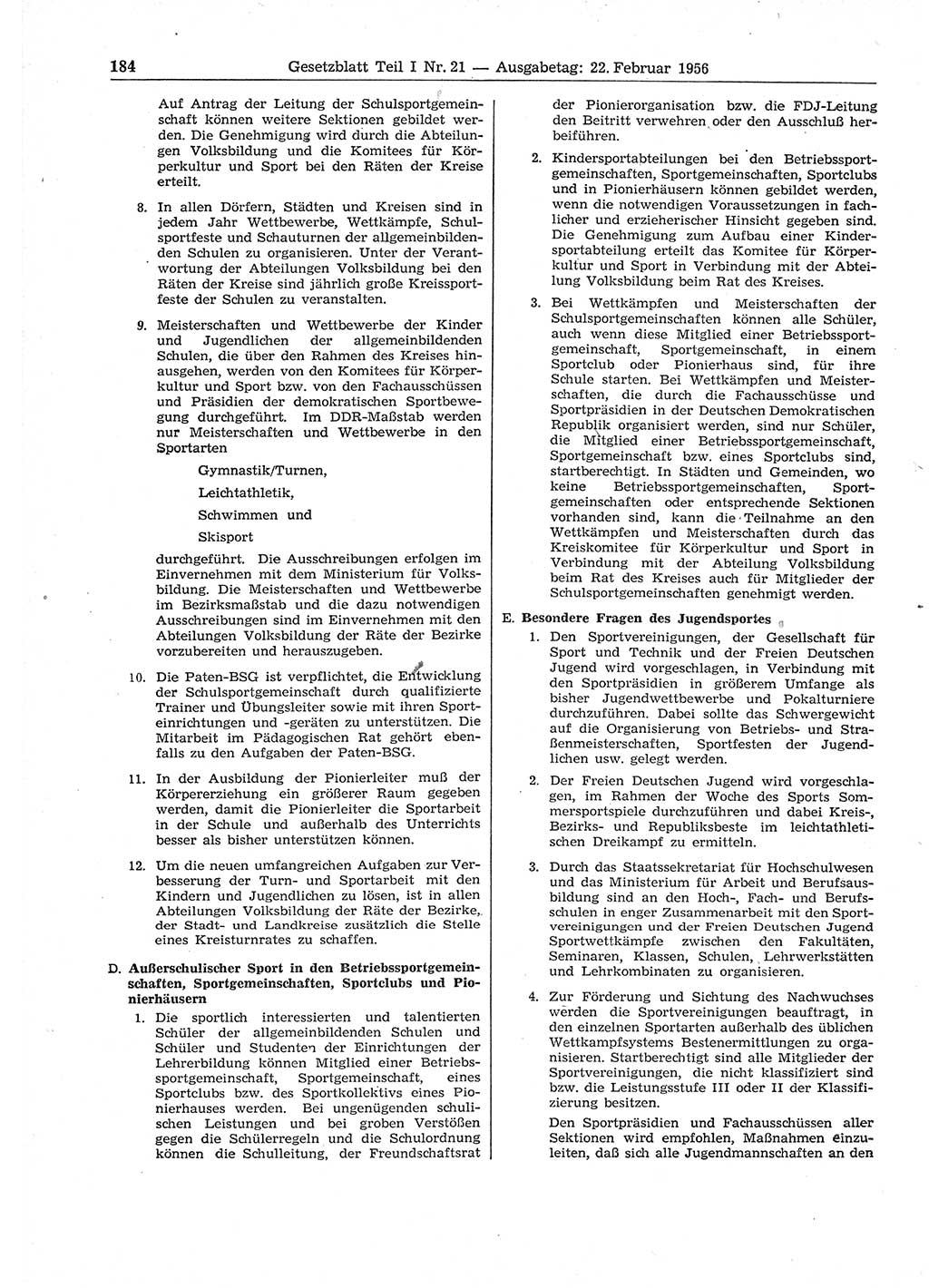 Gesetzblatt (GBl.) der Deutschen Demokratischen Republik (DDR) Teil Ⅰ 1956, Seite 184 (GBl. DDR Ⅰ 1956, S. 184)
