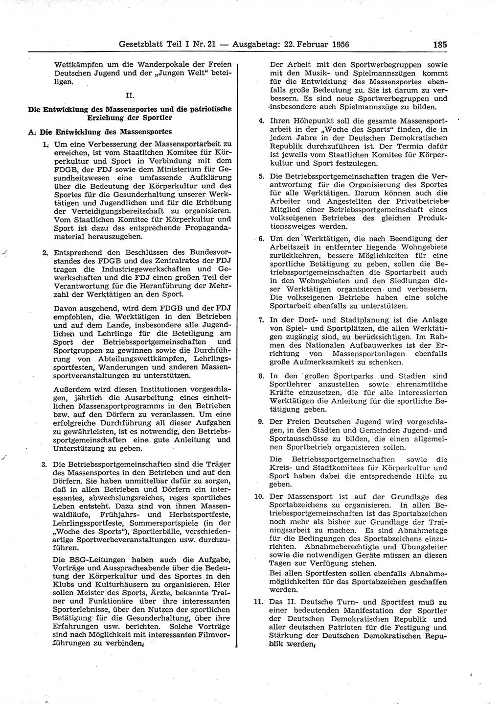 Gesetzblatt (GBl.) der Deutschen Demokratischen Republik (DDR) Teil Ⅰ 1956, Seite 185 (GBl. DDR Ⅰ 1956, S. 185)