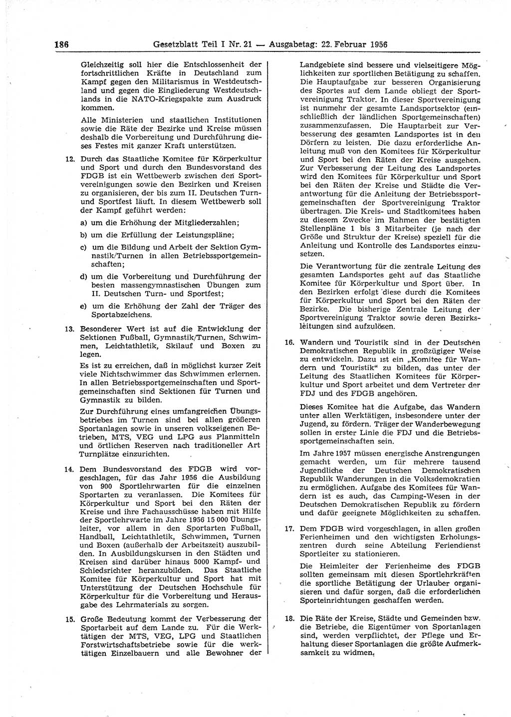 Gesetzblatt (GBl.) der Deutschen Demokratischen Republik (DDR) Teil Ⅰ 1956, Seite 186 (GBl. DDR Ⅰ 1956, S. 186)