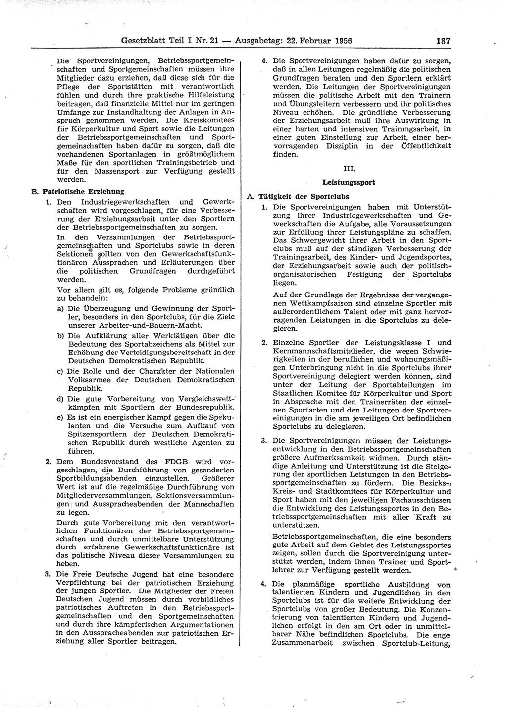 Gesetzblatt (GBl.) der Deutschen Demokratischen Republik (DDR) Teil Ⅰ 1956, Seite 187 (GBl. DDR Ⅰ 1956, S. 187)