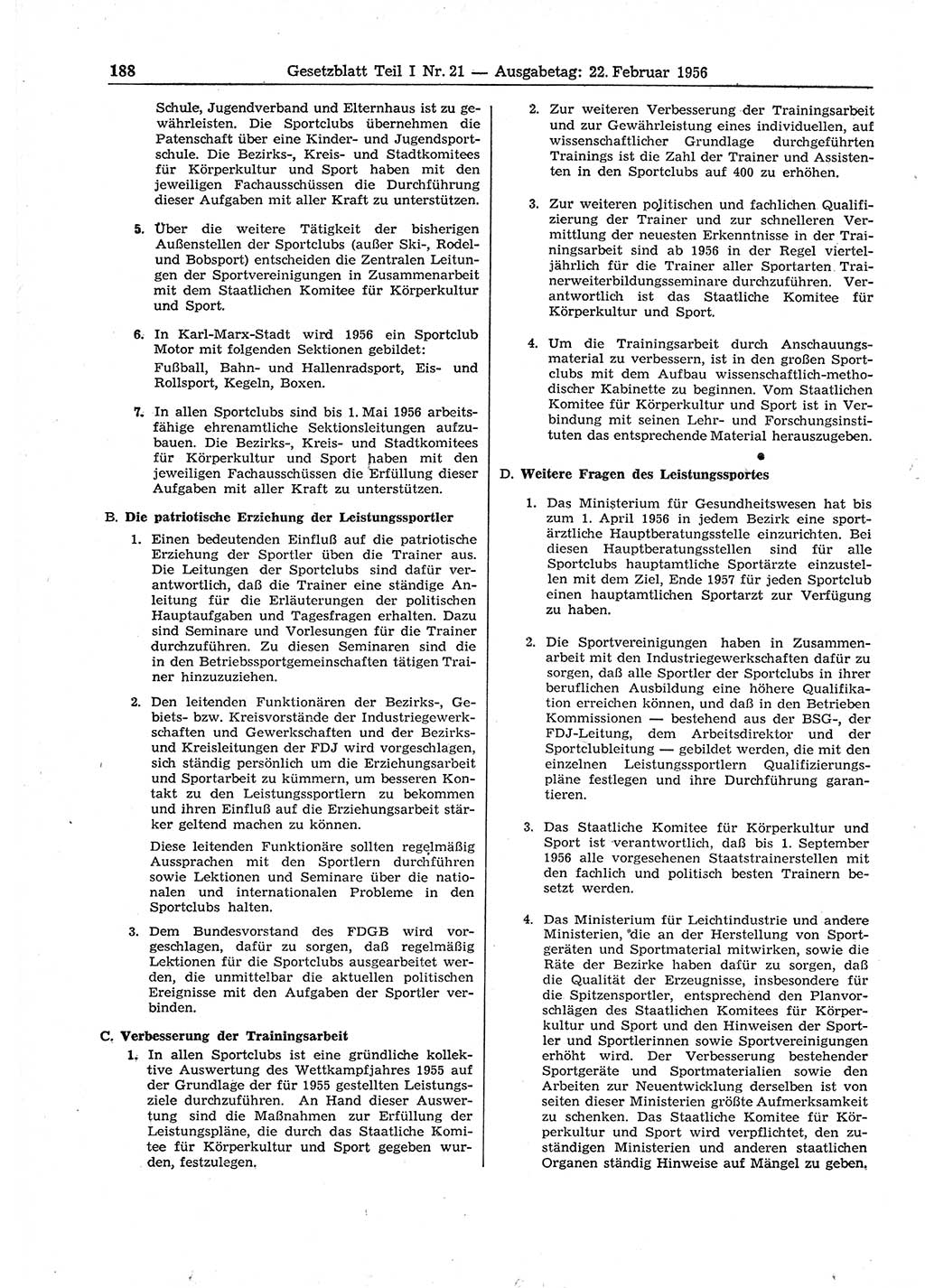 Gesetzblatt (GBl.) der Deutschen Demokratischen Republik (DDR) Teil Ⅰ 1956, Seite 188 (GBl. DDR Ⅰ 1956, S. 188)