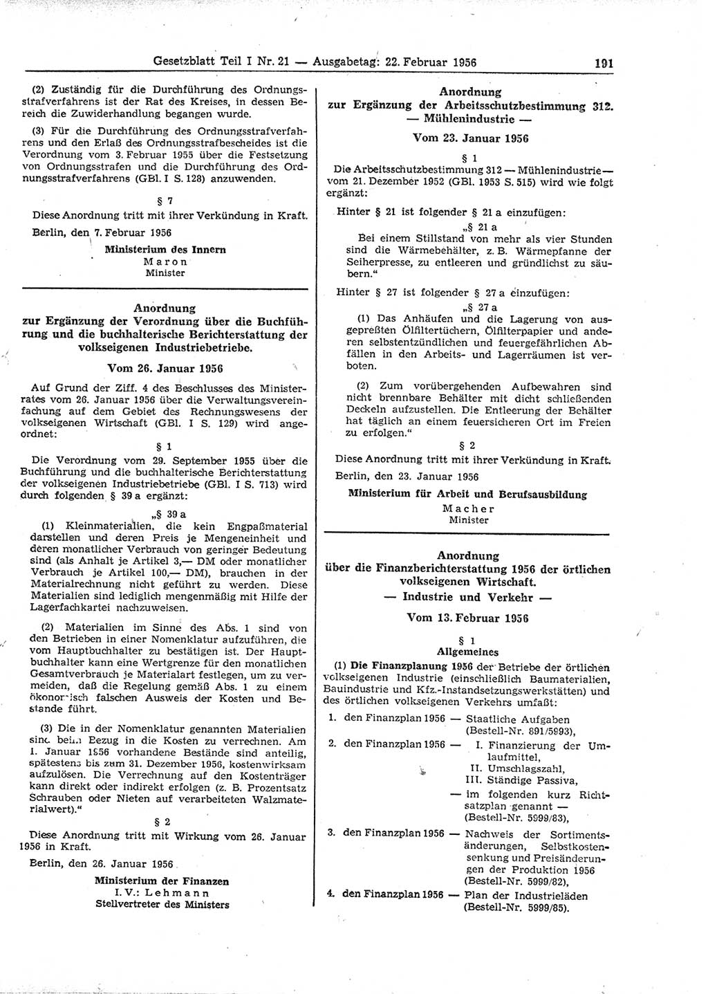 Gesetzblatt (GBl.) der Deutschen Demokratischen Republik (DDR) Teil Ⅰ 1956, Seite 191 (GBl. DDR Ⅰ 1956, S. 191)