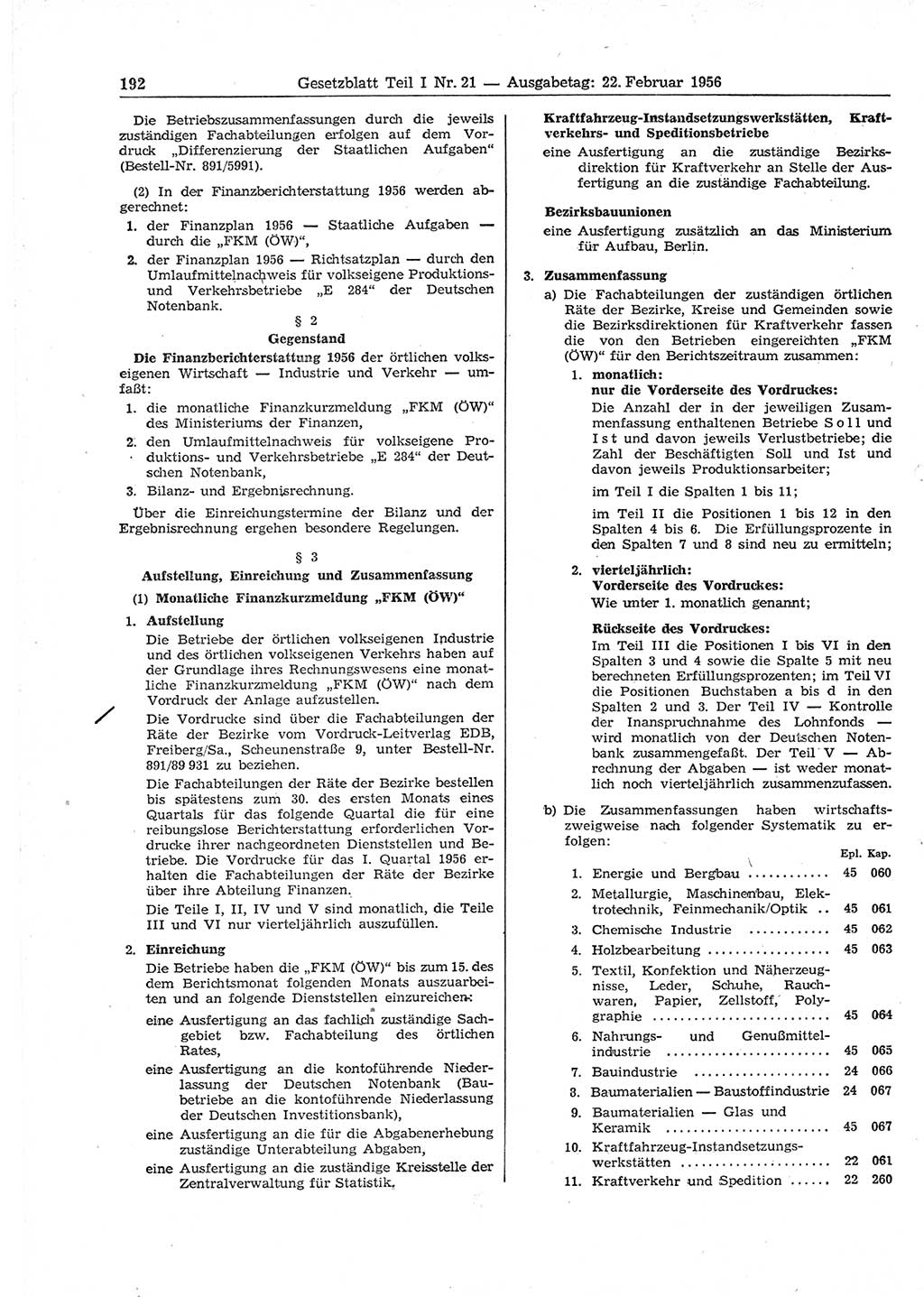 Gesetzblatt (GBl.) der Deutschen Demokratischen Republik (DDR) Teil Ⅰ 1956, Seite 192 (GBl. DDR Ⅰ 1956, S. 192)