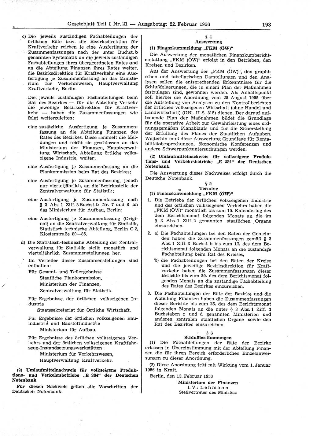 Gesetzblatt (GBl.) der Deutschen Demokratischen Republik (DDR) Teil Ⅰ 1956, Seite 193 (GBl. DDR Ⅰ 1956, S. 193)