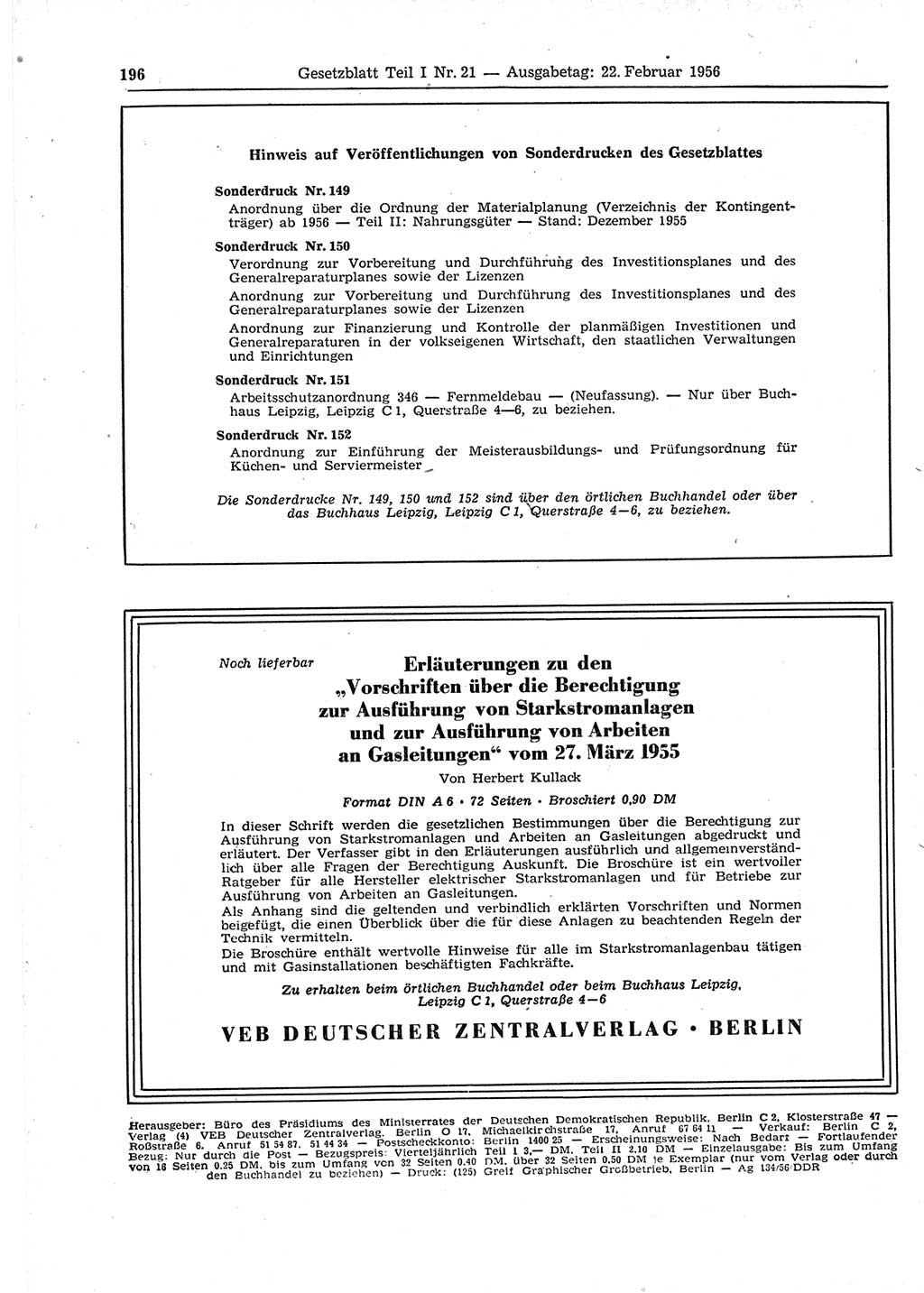 Gesetzblatt (GBl.) der Deutschen Demokratischen Republik (DDR) Teil Ⅰ 1956, Seite 196 (GBl. DDR Ⅰ 1956, S. 196)