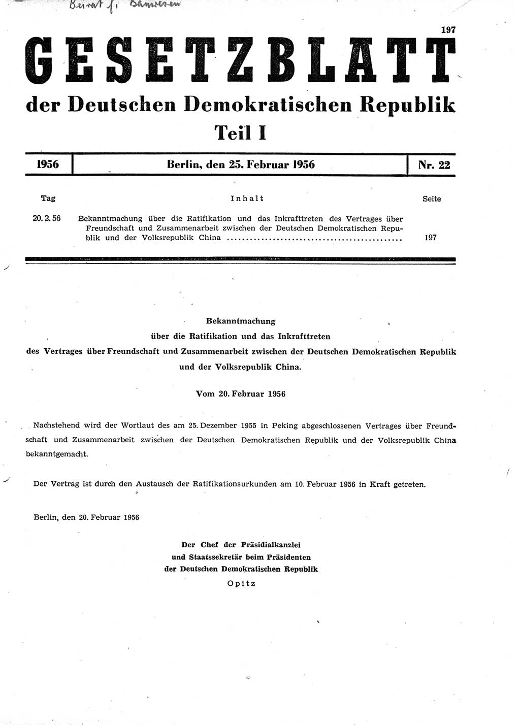Gesetzblatt (GBl.) der Deutschen Demokratischen Republik (DDR) Teil Ⅰ 1956, Seite 197 (GBl. DDR Ⅰ 1956, S. 197)