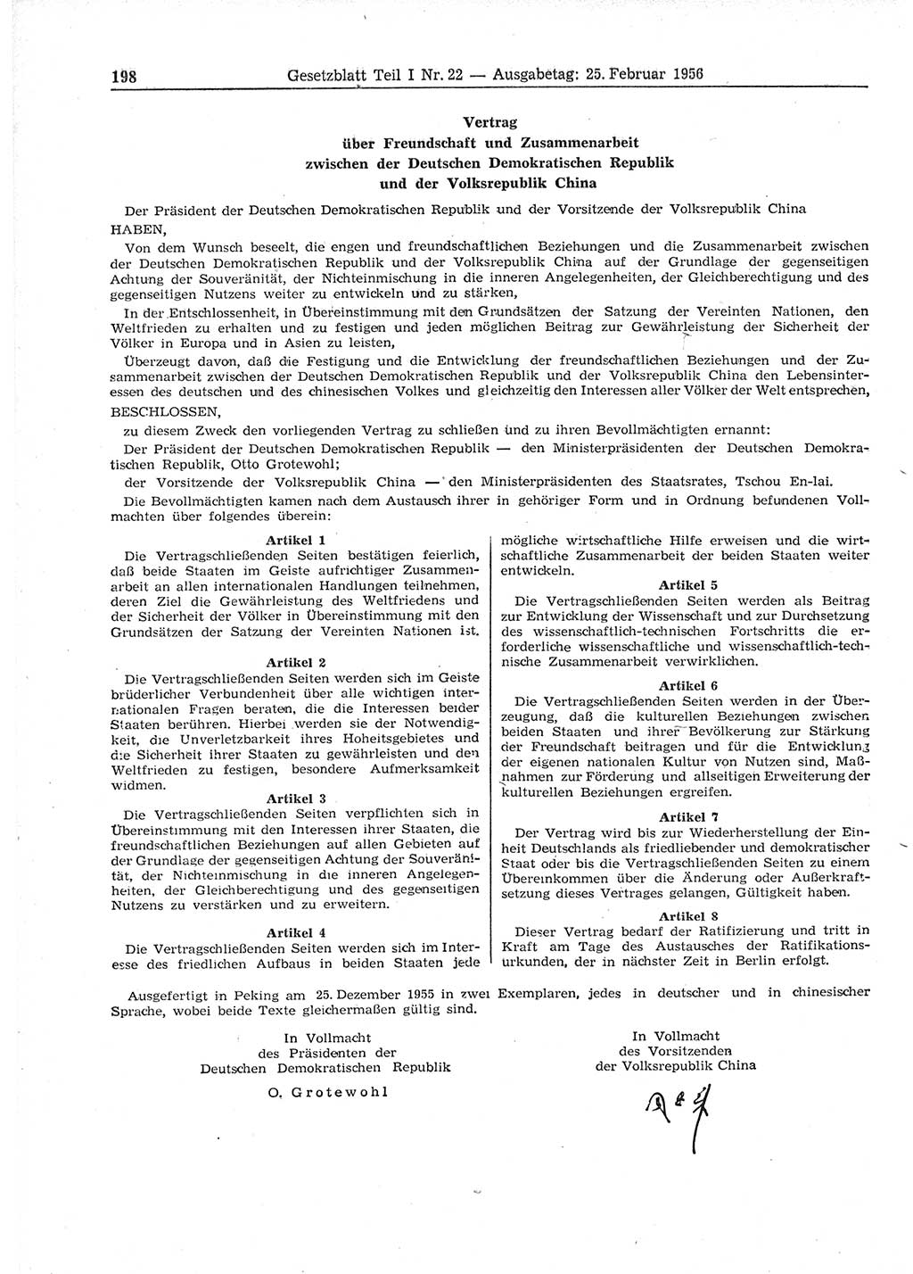 Gesetzblatt (GBl.) der Deutschen Demokratischen Republik (DDR) Teil Ⅰ 1956, Seite 198 (GBl. DDR Ⅰ 1956, S. 198)