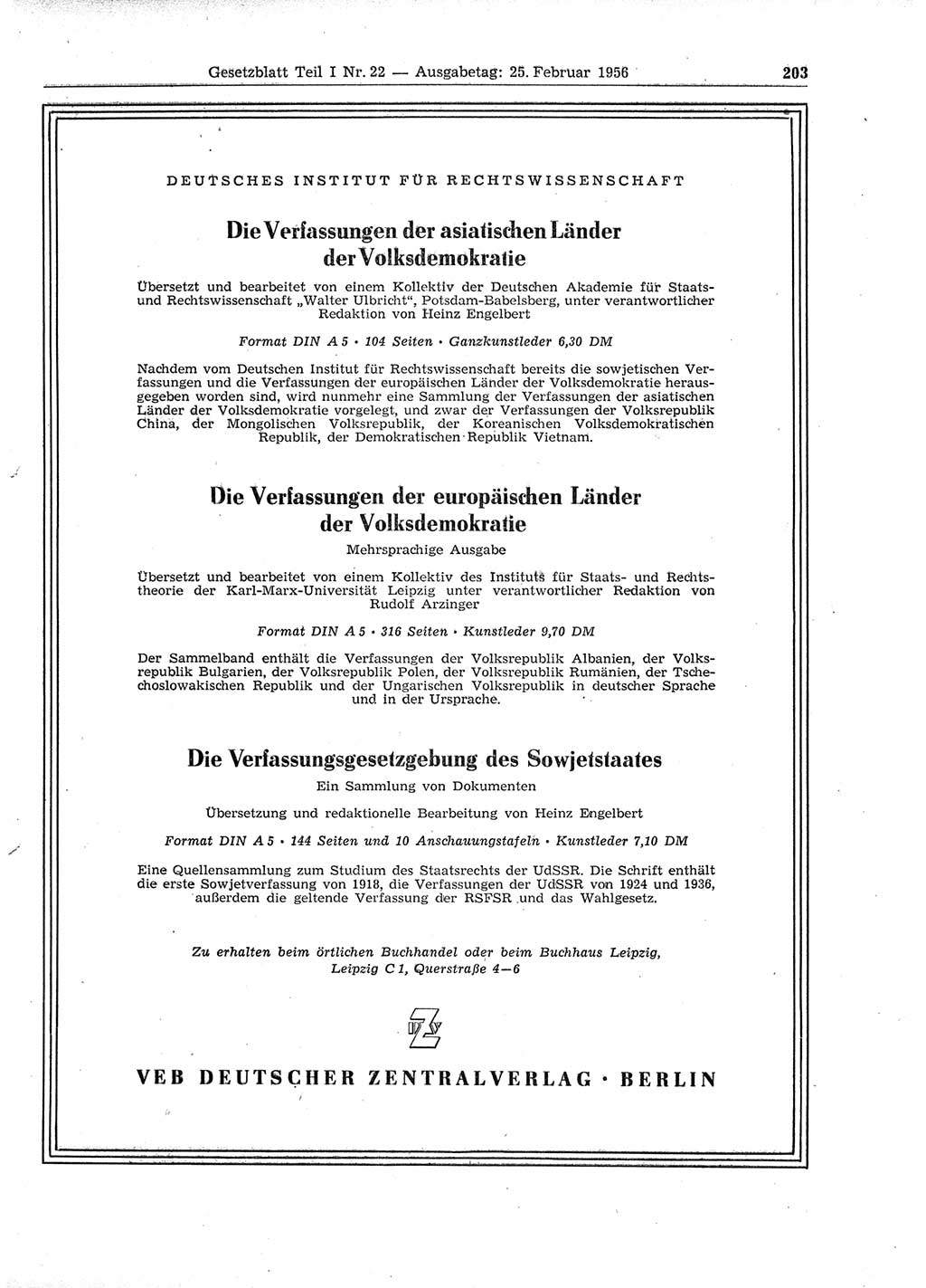 Gesetzblatt (GBl.) der Deutschen Demokratischen Republik (DDR) Teil Ⅰ 1956, Seite 203 (GBl. DDR Ⅰ 1956, S. 203)