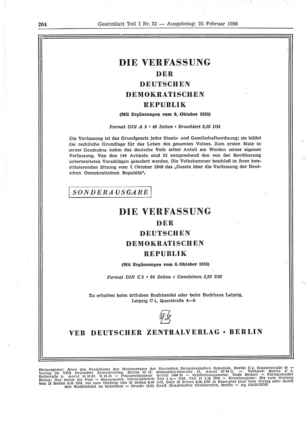 Gesetzblatt (GBl.) der Deutschen Demokratischen Republik (DDR) Teil Ⅰ 1956, Seite 204 (GBl. DDR Ⅰ 1956, S. 204)