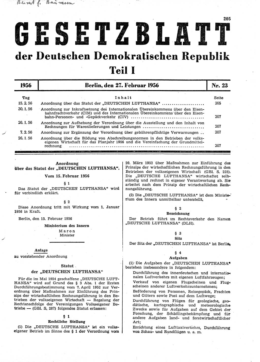 Gesetzblatt (GBl.) der Deutschen Demokratischen Republik (DDR) Teil Ⅰ 1956, Seite 205 (GBl. DDR Ⅰ 1956, S. 205)