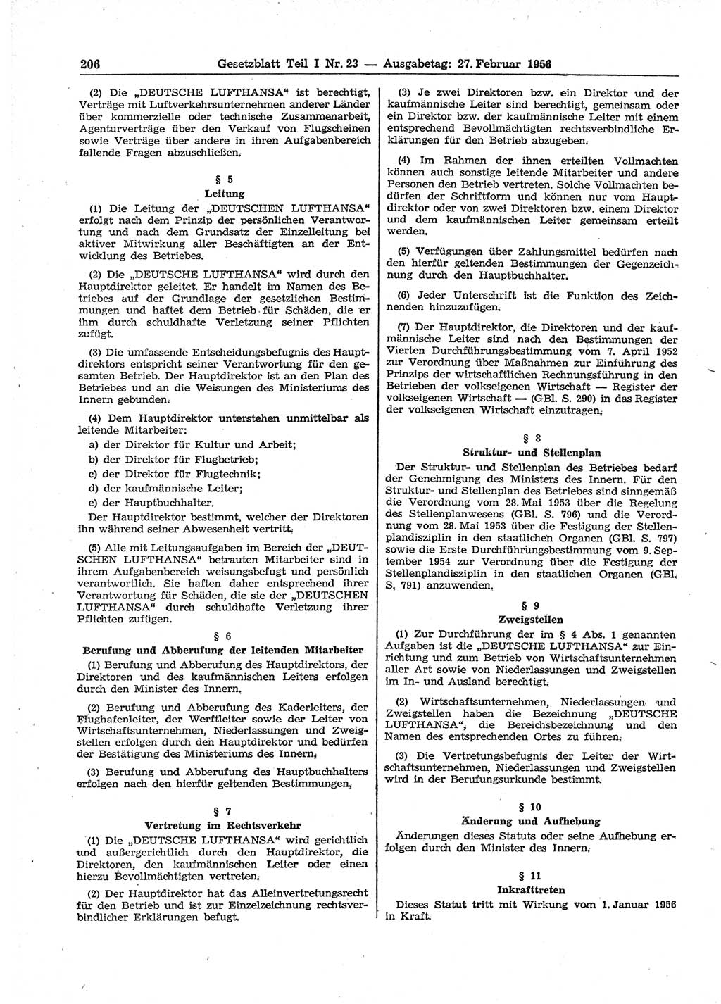Gesetzblatt (GBl.) der Deutschen Demokratischen Republik (DDR) Teil Ⅰ 1956, Seite 206 (GBl. DDR Ⅰ 1956, S. 206)