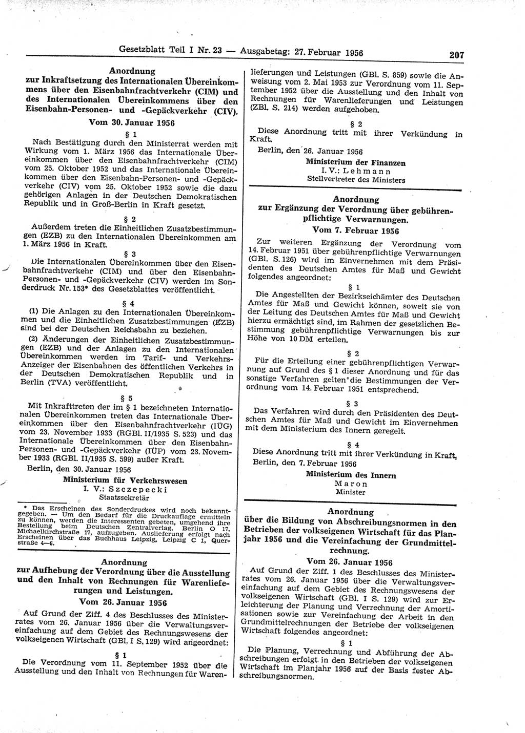 Gesetzblatt (GBl.) der Deutschen Demokratischen Republik (DDR) Teil Ⅰ 1956, Seite 207 (GBl. DDR Ⅰ 1956, S. 207)