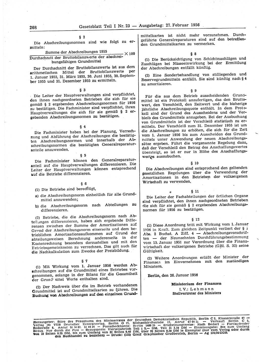 Gesetzblatt (GBl.) der Deutschen Demokratischen Republik (DDR) Teil Ⅰ 1956, Seite 208 (GBl. DDR Ⅰ 1956, S. 208)