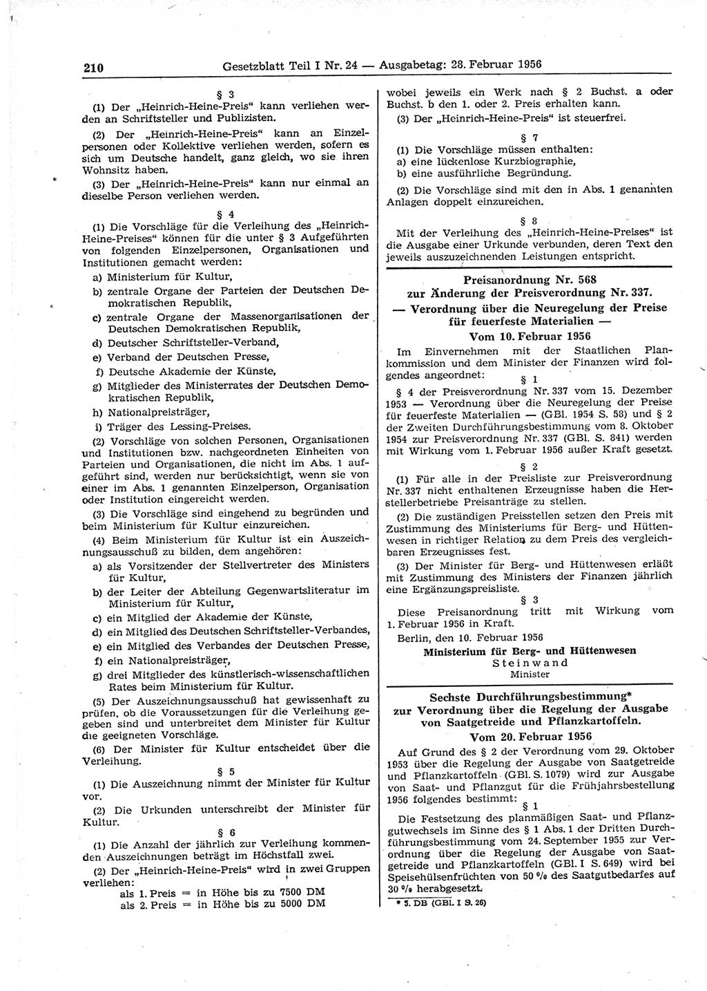 Gesetzblatt (GBl.) der Deutschen Demokratischen Republik (DDR) Teil Ⅰ 1956, Seite 210 (GBl. DDR Ⅰ 1956, S. 210)