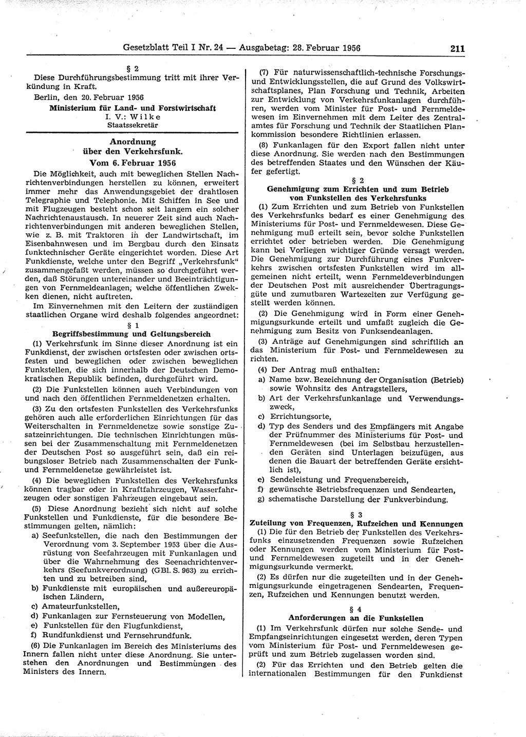 Gesetzblatt (GBl.) der Deutschen Demokratischen Republik (DDR) Teil Ⅰ 1956, Seite 211 (GBl. DDR Ⅰ 1956, S. 211)