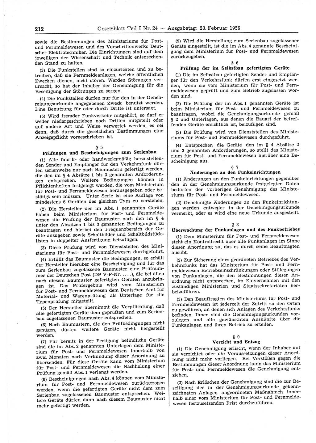 Gesetzblatt (GBl.) der Deutschen Demokratischen Republik (DDR) Teil Ⅰ 1956, Seite 212 (GBl. DDR Ⅰ 1956, S. 212)