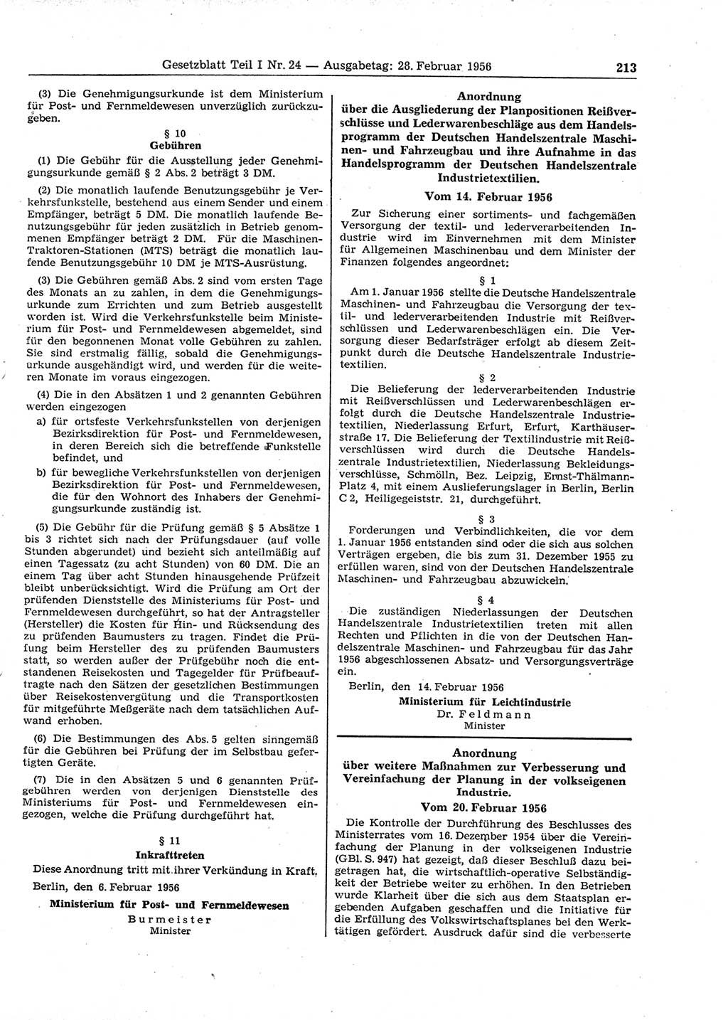 Gesetzblatt (GBl.) der Deutschen Demokratischen Republik (DDR) Teil Ⅰ 1956, Seite 213 (GBl. DDR Ⅰ 1956, S. 213)