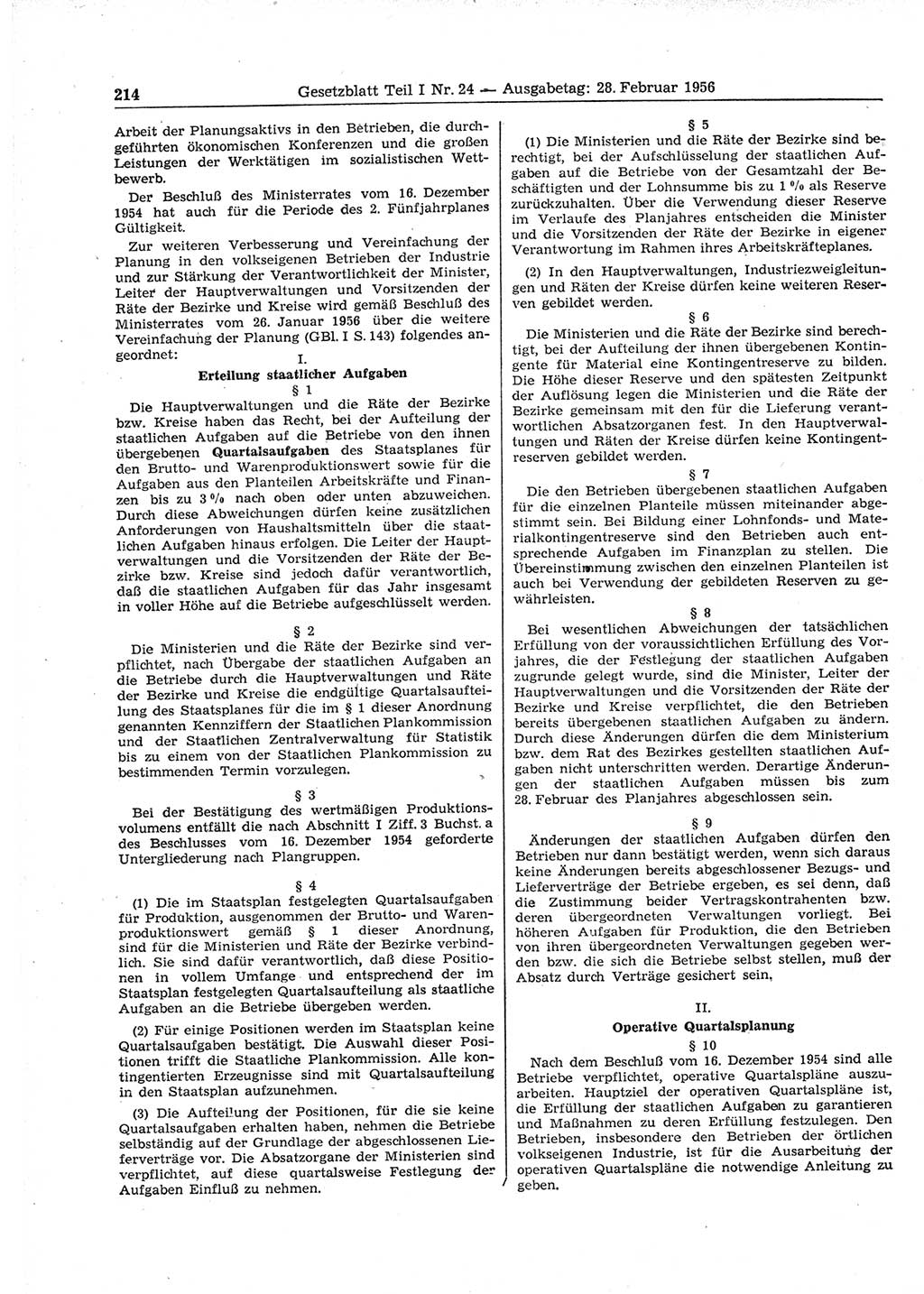 Gesetzblatt (GBl.) der Deutschen Demokratischen Republik (DDR) Teil Ⅰ 1956, Seite 214 (GBl. DDR Ⅰ 1956, S. 214)