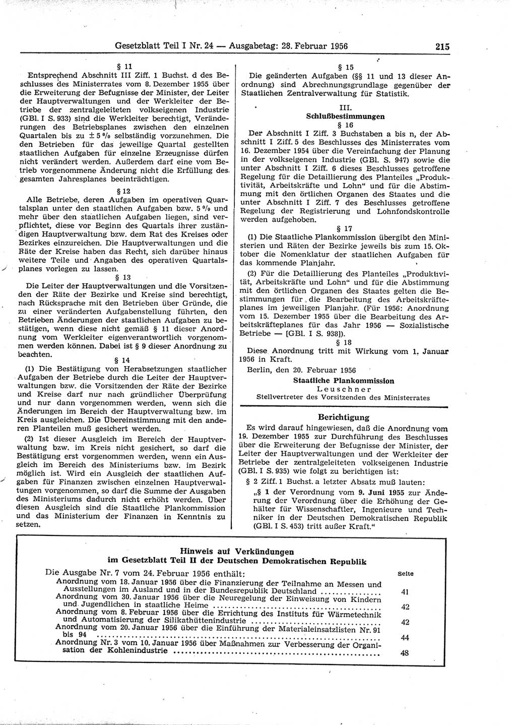 Gesetzblatt (GBl.) der Deutschen Demokratischen Republik (DDR) Teil Ⅰ 1956, Seite 215 (GBl. DDR Ⅰ 1956, S. 215)