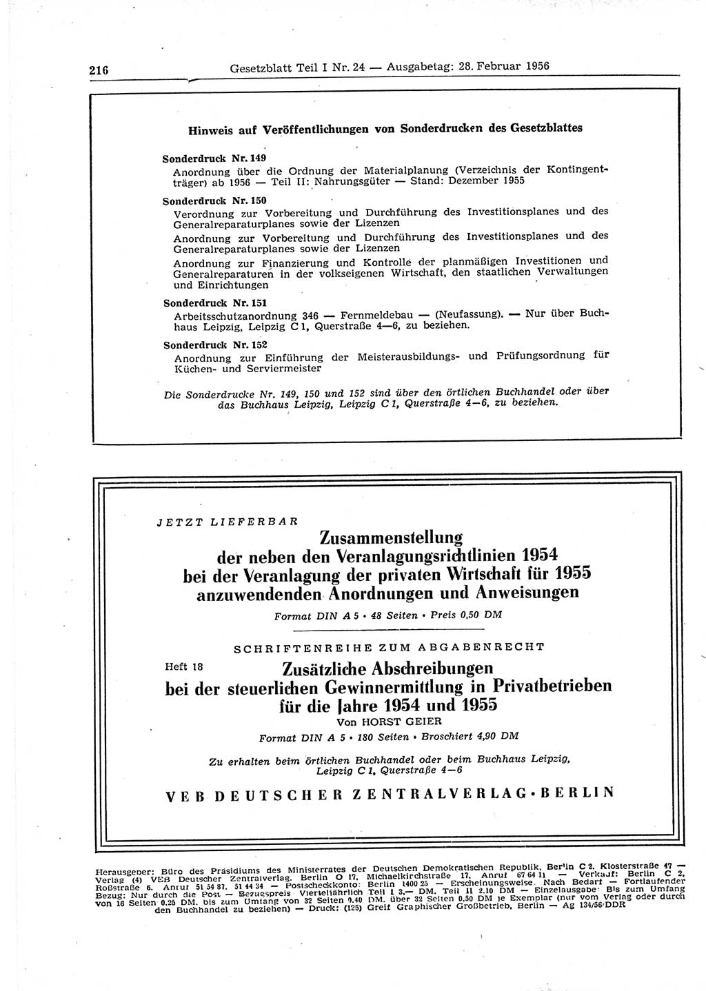 Gesetzblatt (GBl.) der Deutschen Demokratischen Republik (DDR) Teil â… 1956, Seite 216 (GBl. DDR â… 1956, S. 216)