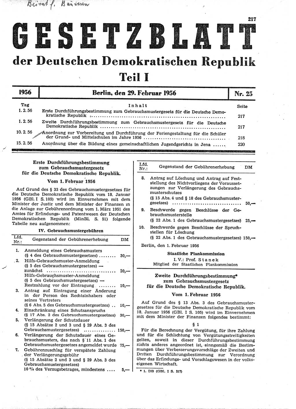 Gesetzblatt (GBl.) der Deutschen Demokratischen Republik (DDR) Teil Ⅰ 1956, Seite 217 (GBl. DDR Ⅰ 1956, S. 217)
