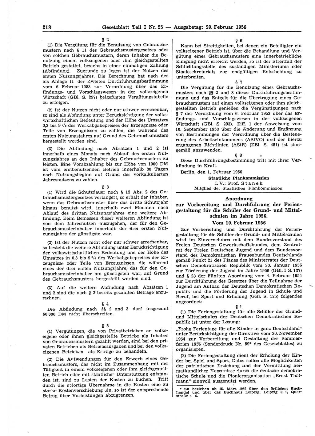 Gesetzblatt (GBl.) der Deutschen Demokratischen Republik (DDR) Teil Ⅰ 1956, Seite 218 (GBl. DDR Ⅰ 1956, S. 218)