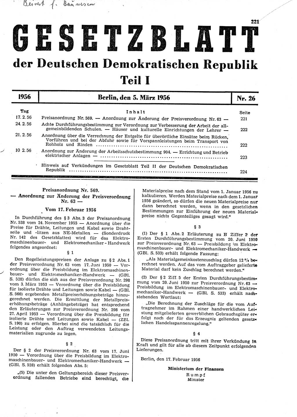 Gesetzblatt (GBl.) der Deutschen Demokratischen Republik (DDR) Teil Ⅰ 1956, Seite 221 (GBl. DDR Ⅰ 1956, S. 221)