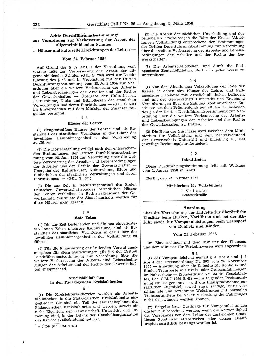 Gesetzblatt (GBl.) der Deutschen Demokratischen Republik (DDR) Teil Ⅰ 1956, Seite 222 (GBl. DDR Ⅰ 1956, S. 222)