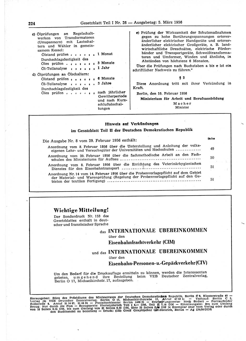 Gesetzblatt (GBl.) der Deutschen Demokratischen Republik (DDR) Teil Ⅰ 1956, Seite 224 (GBl. DDR Ⅰ 1956, S. 224)