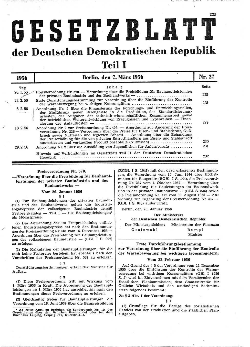 Gesetzblatt (GBl.) der Deutschen Demokratischen Republik (DDR) Teil Ⅰ 1956, Seite 225 (GBl. DDR Ⅰ 1956, S. 225)