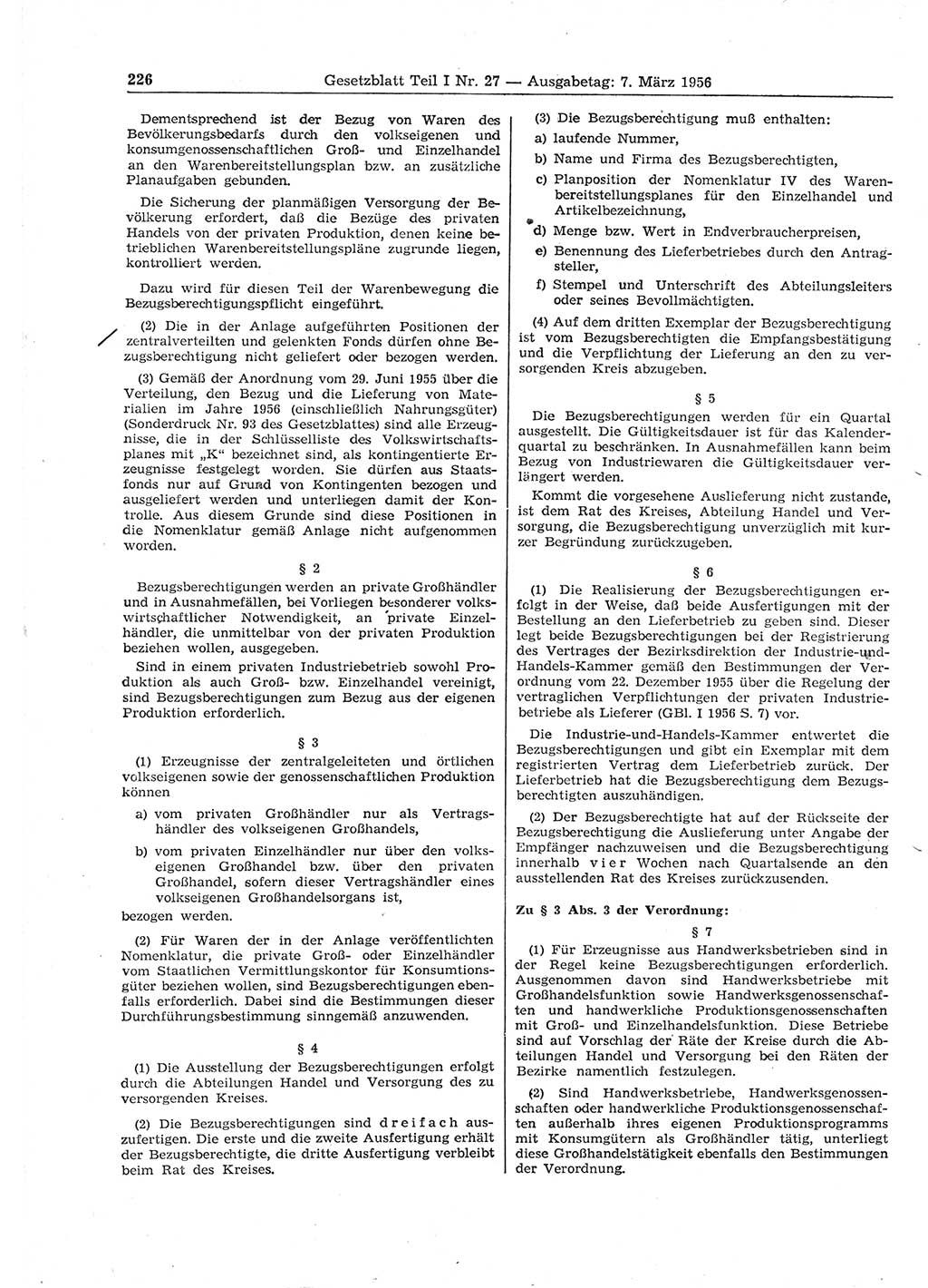 Gesetzblatt (GBl.) der Deutschen Demokratischen Republik (DDR) Teil Ⅰ 1956, Seite 226 (GBl. DDR Ⅰ 1956, S. 226)