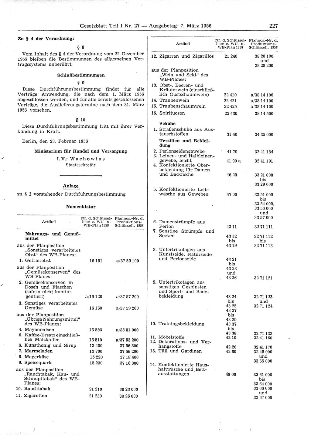 Gesetzblatt (GBl.) der Deutschen Demokratischen Republik (DDR) Teil Ⅰ 1956, Seite 227 (GBl. DDR Ⅰ 1956, S. 227)