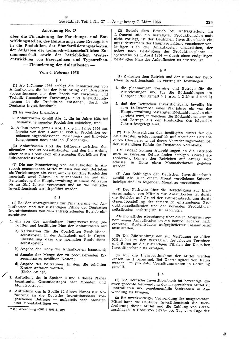 Gesetzblatt (GBl.) der Deutschen Demokratischen Republik (DDR) Teil Ⅰ 1956, Seite 229 (GBl. DDR Ⅰ 1956, S. 229)