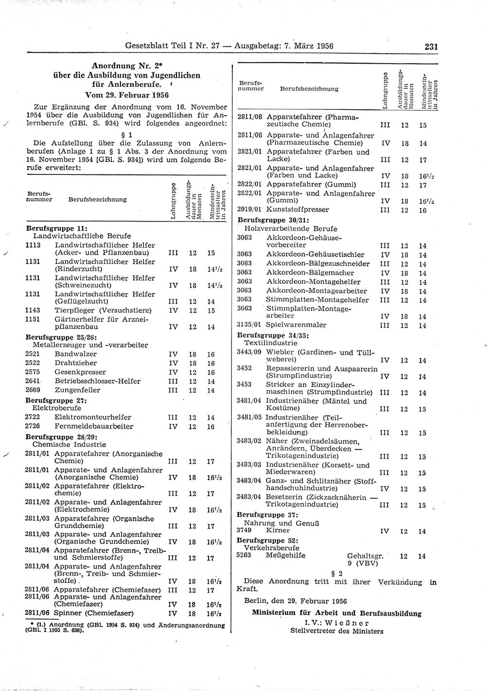 Gesetzblatt (GBl.) der Deutschen Demokratischen Republik (DDR) Teil Ⅰ 1956, Seite 231 (GBl. DDR Ⅰ 1956, S. 231)