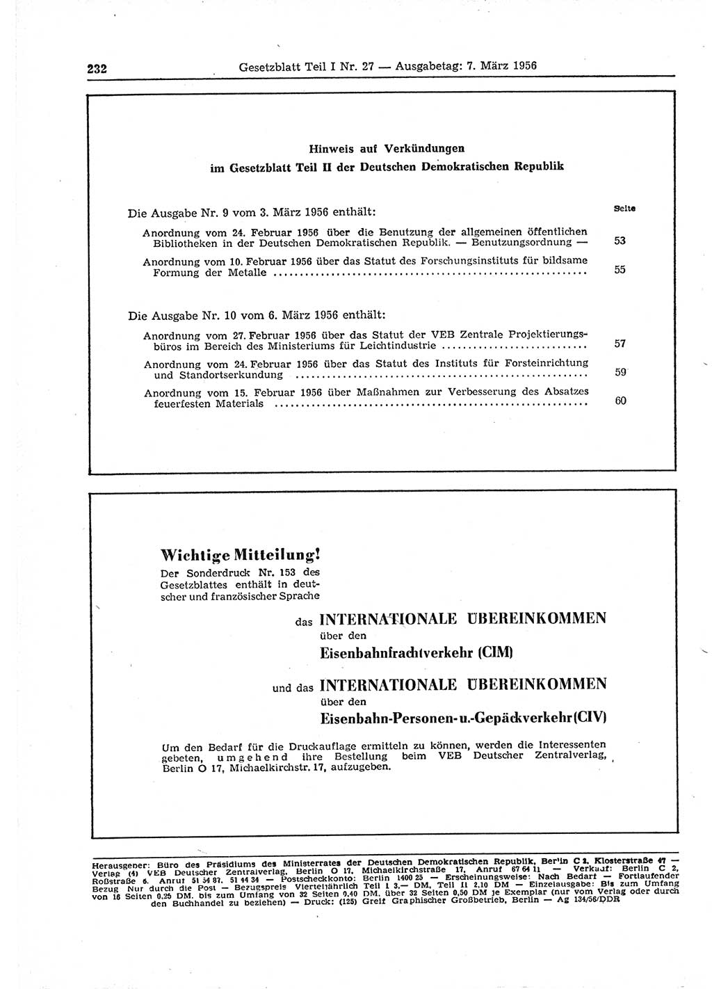 Gesetzblatt (GBl.) der Deutschen Demokratischen Republik (DDR) Teil Ⅰ 1956, Seite 232 (GBl. DDR Ⅰ 1956, S. 232)