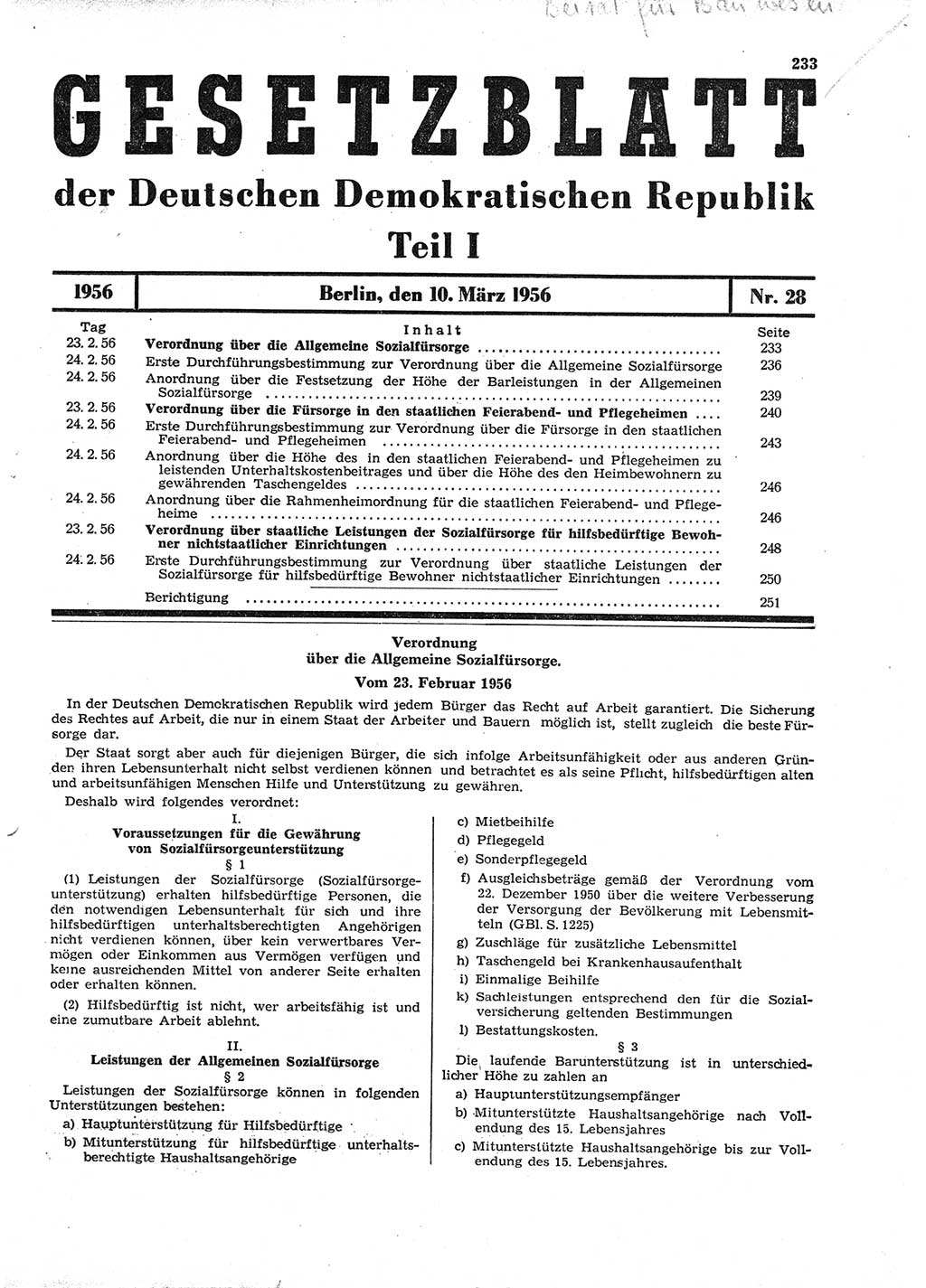Gesetzblatt (GBl.) der Deutschen Demokratischen Republik (DDR) Teil Ⅰ 1956, Seite 233 (GBl. DDR Ⅰ 1956, S. 233)