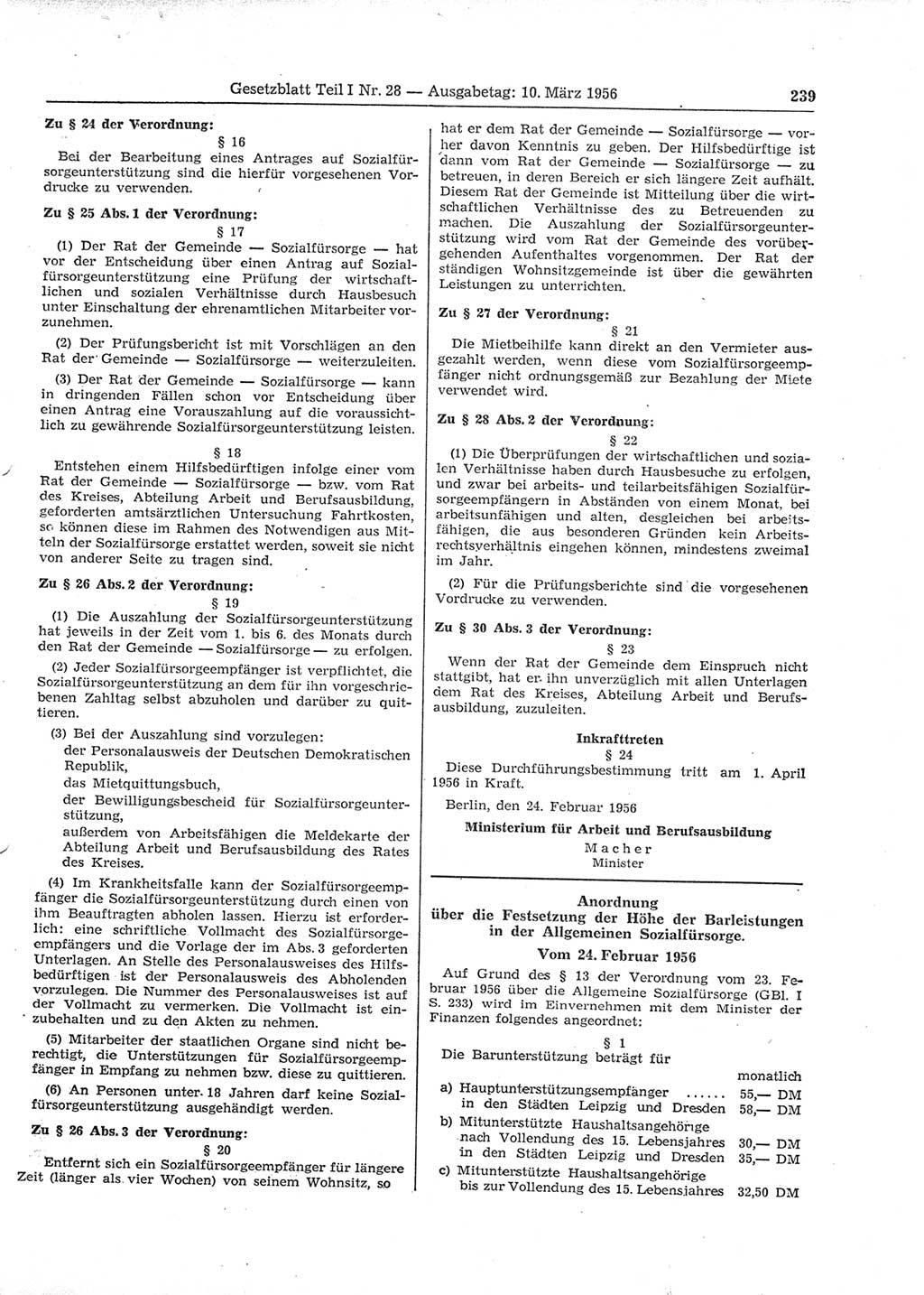 Gesetzblatt (GBl.) der Deutschen Demokratischen Republik (DDR) Teil Ⅰ 1956, Seite 239 (GBl. DDR Ⅰ 1956, S. 239)