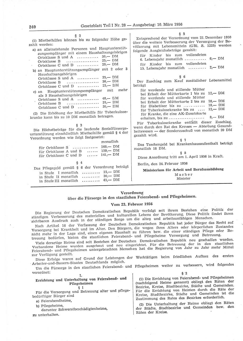 Gesetzblatt (GBl.) der Deutschen Demokratischen Republik (DDR) Teil Ⅰ 1956, Seite 240 (GBl. DDR Ⅰ 1956, S. 240)