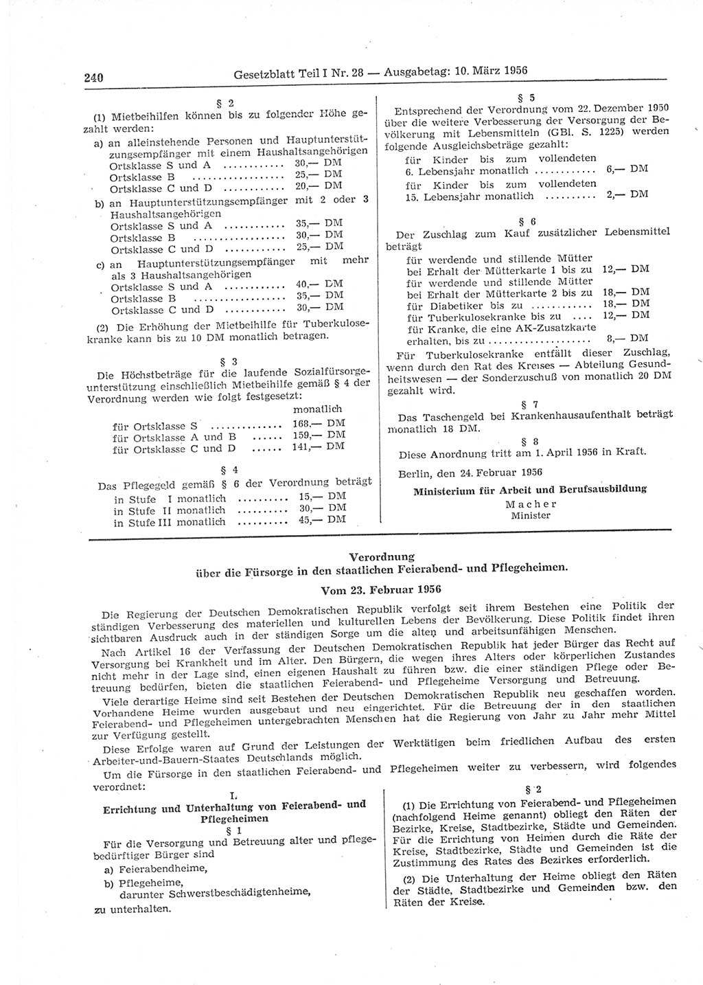 Gesetzblatt (GBl.) der Deutschen Demokratischen Republik (DDR) Teil Ⅰ 1956, Seite 240 (GBl. DDR Ⅰ 1956, S. 240)