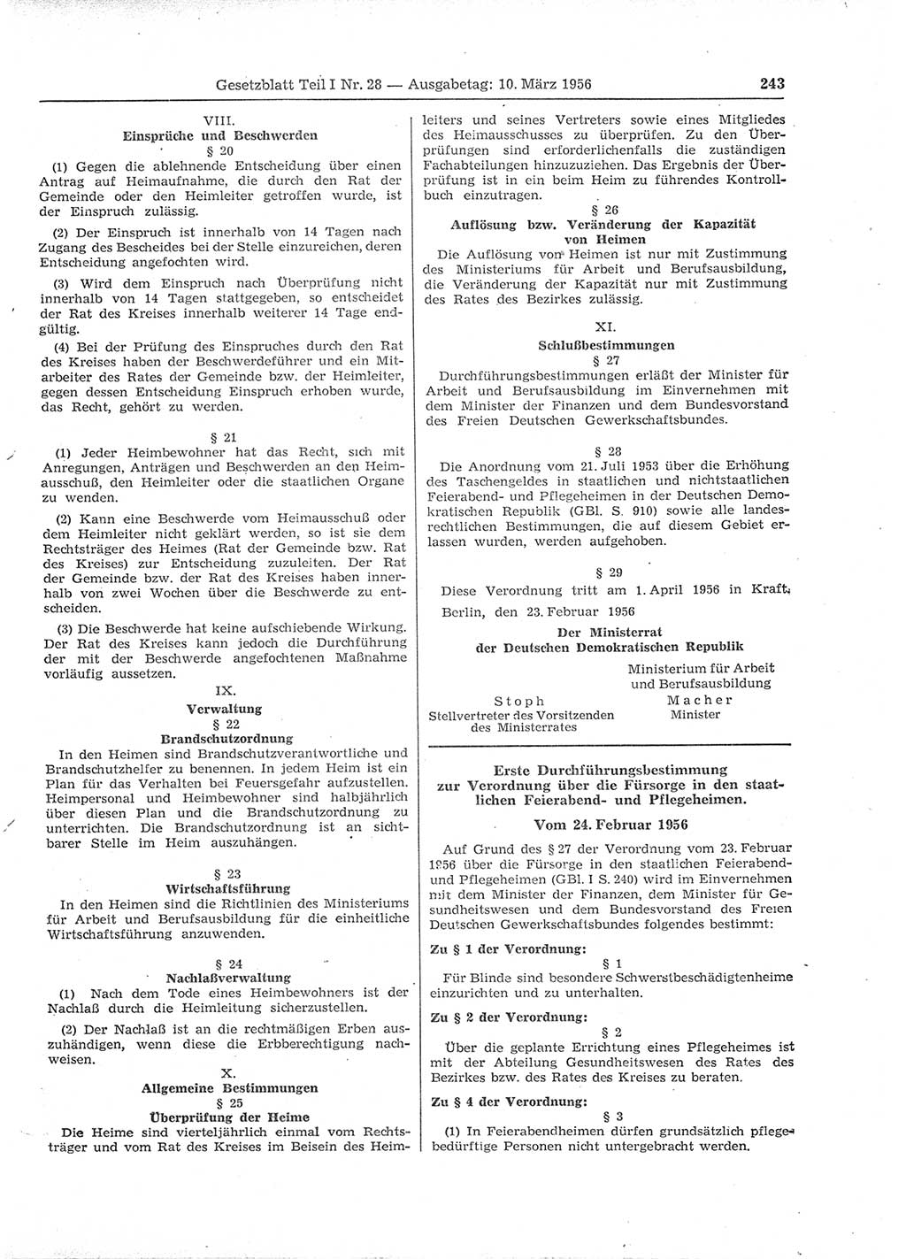 Gesetzblatt (GBl.) der Deutschen Demokratischen Republik (DDR) Teil Ⅰ 1956, Seite 243 (GBl. DDR Ⅰ 1956, S. 243)