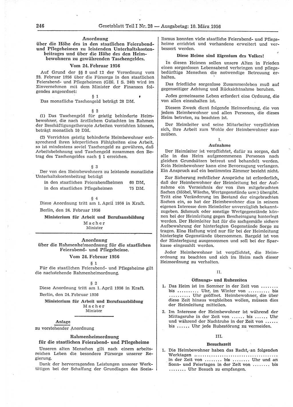 Gesetzblatt (GBl.) der Deutschen Demokratischen Republik (DDR) Teil Ⅰ 1956, Seite 246 (GBl. DDR Ⅰ 1956, S. 246)