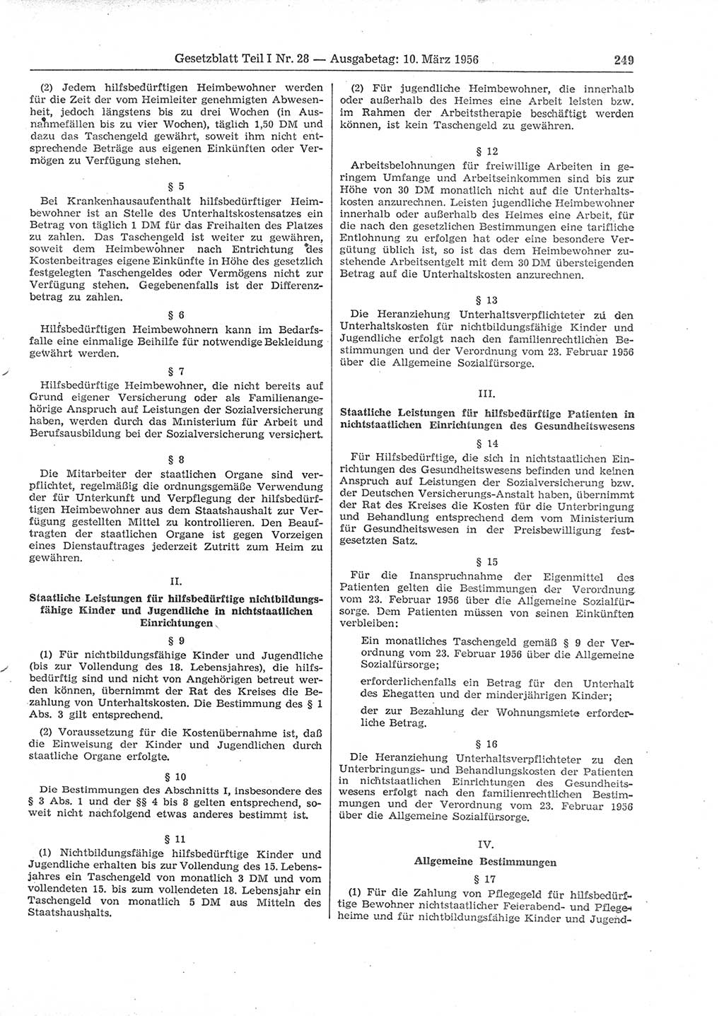 Gesetzblatt (GBl.) der Deutschen Demokratischen Republik (DDR) Teil Ⅰ 1956, Seite 249 (GBl. DDR Ⅰ 1956, S. 249)
